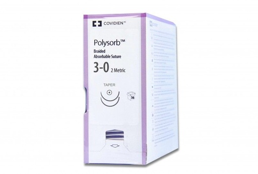 [GL332] Medtronic Polysorb 90 cm 1/2 Circle Size 3-0 V-20 Double Arm Braided Synthetic Absorbable Coated Suture, Violet, 36/Box