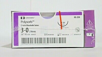 [GL226] Medtronic Polysorb 90 cm 1/2 Circle Size 3-0 V-20 Braided Synthetic Absorbable Coated Suture, Violet, 36/Box