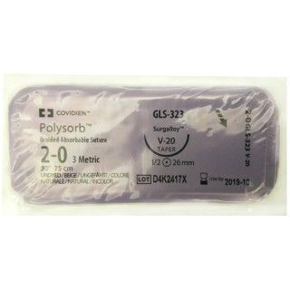 [GLS323] Medtronic Polysorb 75 cm 1/2 Circle Size 2-0 V-20 Braided Synthetic Absorbable Coated Suture, 36/Box