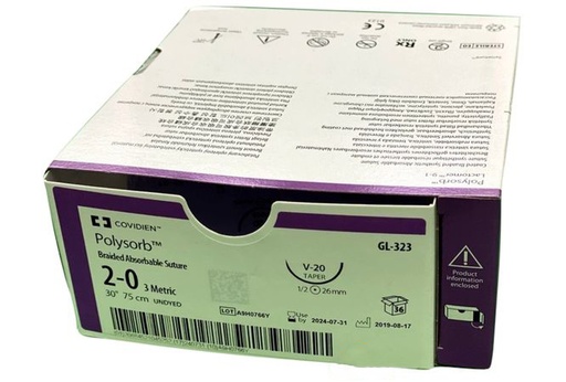 [GL323] Medtronic Polysorb 75 cm 1/2 Circle Size 2-0 V-20 Braided Synthetic Absorbable Coated Suture, 36/Box