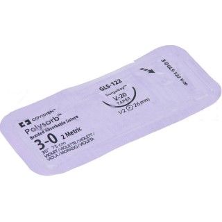 [GLS122] Medtronic Polysorb 75 cm 1/2 Circle Size 3-0 V-20 Braided Synthetic Absorbable Coated Suture, Violet, 36/Box