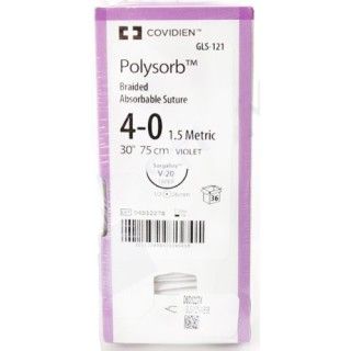 [GLS121] Medtronic Polysorb 75 cm 1/2 Circle Size 4-0 V-20 Braided Synthetic Absorbable Coated Suture, Violet, 36/Box