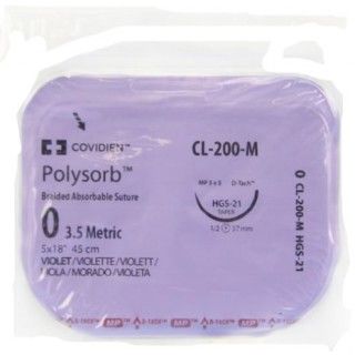 [CL200M] Medtronic Polysorb 5 cm x 45 cm 1/2 Circle Size 0 HGS-21 Braided Synthetic Absorbable Coated Suture, Violet, 12/Box