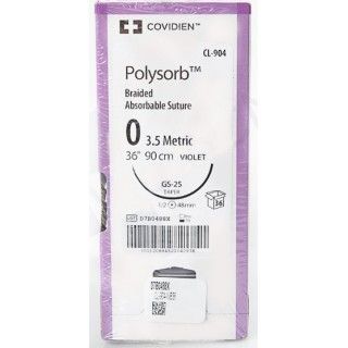[CL904] Medtronic Polysorb 90 cm 1/2 Circle Size 0 GS-25 Braided Synthetic Absorbable Coated Suture, Violet, 36/Box