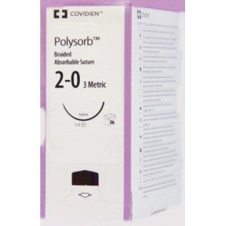 [CL863] Medtronic Polysorb 75 cm 1/2 Circle Size 2-0 GS-25 Braided Synthetic Absorbable Coated Suture, Violet, 36/Box