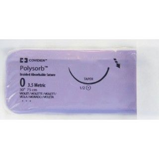[CL802] Medtronic Polysorb 75 cm 1/2 Circle Size 0 GS-24 Braided Synthetic Absorbable Coated Suture, Violet, 36/Box