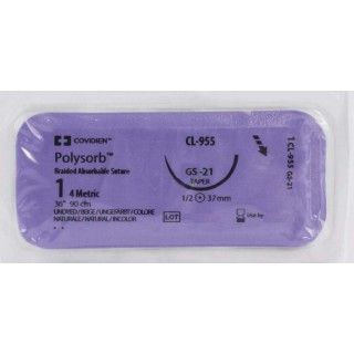[CL955] Medtronic Polysorb 90 cm 1/2 Circle Size 1 GS-21 Braided Synthetic Absorbable Coated Suture, 36/Box