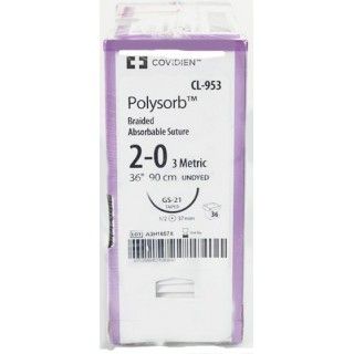 [CL953] Medtronic Polysorb 90 cm 1/2 Circle Size 2-0 GS-21 Braided Synthetic Absorbable Coated Suture, 36/Box