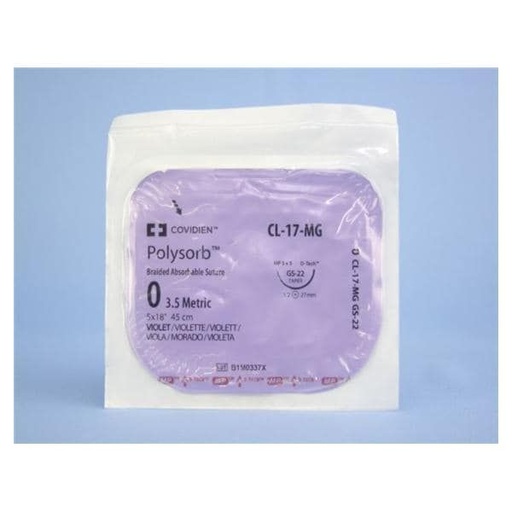 [CL17MG] Medtronic Polysorb 5 cm x 45 cm 1/2 Circle Size 0 GS-22 Braided Synthetic Absorbable Coated Suture, Violet, 12/Box