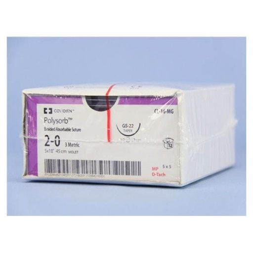 [CL16MG] Medtronic Polysorb 5 cm x 45 cm 1/2 Circle Size 2-0 GS-22 Braided Synthetic Absorbable Coated Suture, Violet, 12/Box