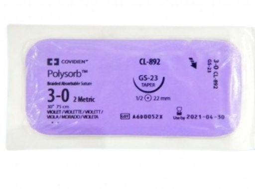 [CL892] Medtronic Polysorb 75 cm 1/2 Circle Size 3-0 GS-23 Braided Synthetic Absorbable Coated Suture, Violet, 36/Box