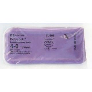 [UL203] Medtronic Polysorb 75 cm 1/2 Circle Size 4-0 CVF-23 Braided Synthetic Absorbable Coated Suture, Violet, 36/Box