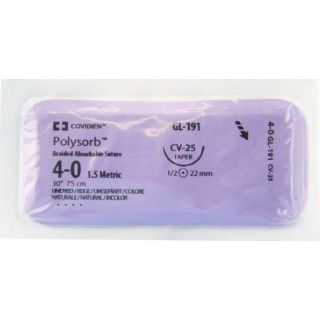[GL191] Medtronic Polysorb 75 cm 1/2 Circle Size 4-0 CV-25 Braided Synthetic Absorbable Coated Suture, 36/Box