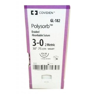 [GL182] Medtronic Polysorb 75 cm 1/2 Circle Size 3-0 CV-25 Braided Synthetic Absorbable Coated Suture, Violet, 36/Box