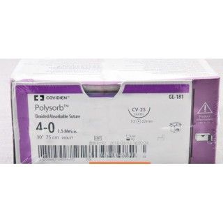 [GL181] Medtronic Polysorb 75 cm 1/2 Circle Size 4-0 CV-25 Braided Synthetic Absorbable Coated Suture, Violet, 36/Box