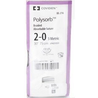 [UL216] Medtronic Polysorb 75 cm 1/2 Circle Size 2-0 CV-23 Braided Synthetic Absorbable Coated Suture, 36/Box