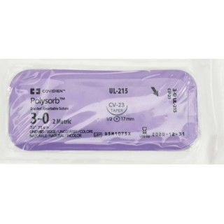 [UL215] Medtronic Polysorb 75 cm 1/2 Circle Size 3-0 CV-23 Braided Synthetic Absorbable Coated Suture, 36/Box