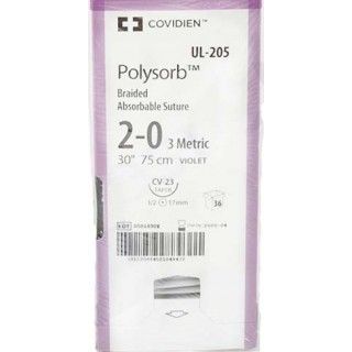 [UL205] Medtronic Polysorb 75 cm 1/2 Circle Size 2-0 CV-23 Braided Synthetic Absorbable Coated Suture, Violet, 36/Box