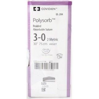 [UL204] Medtronic Polysorb 75 cm 1/2 Circle Size 3-0 CV-23 Braided Synthetic Absorbable Coated Suture, Violet, 36/Box