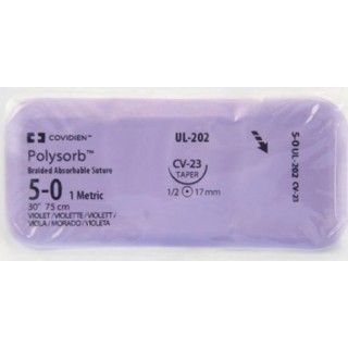 [UL202] Medtronic Polysorb 75 cm 1/2 Circle Size 5-0 CV-23 Braided Synthetic Absorbable Coated Suture, Violet, 36/Box