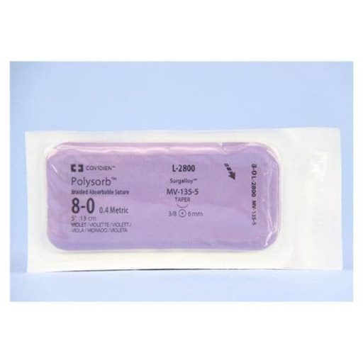 [L2800] Medtronic Polysorb 13 cm 3/8 Circle Size 8-0 MV-135-5 Braided Synthetic Absorbable Coated Suture, Violet, 12/Box