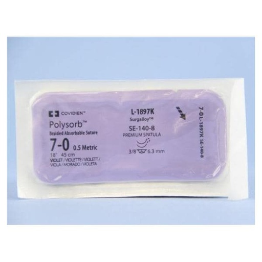 [L1897K] Medtronic Polysorb 45 cm 3/8 Circle Size 7-0 SE-140-8 Double Arm Braided Synthetic Absorbable Coated Suture, Violet, 12/Box