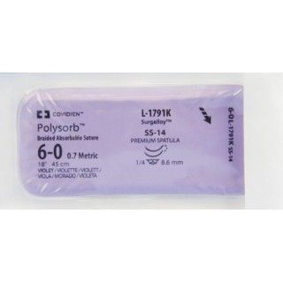 [L1791K] Medtronic Polysorb 45 cm 1/4 Circle Size 6-0 SS-14 Braided Synthetic Absorbable Coated Suture, Violet, 12/Box