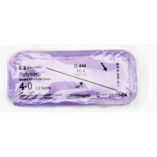 [SL644] Medtronic Polysorb 75 cm Straight Size 4-0 SC-2 Braided Synthetic Absorbable Coated Suture, 36/Box