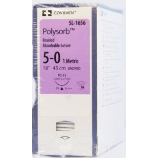 [SL1656] Medtronic Polysorb 45 cm 3/8 Circle Size 5-0 PC-11 Braided Synthetic Absorbable Coated Suture, 36/Box