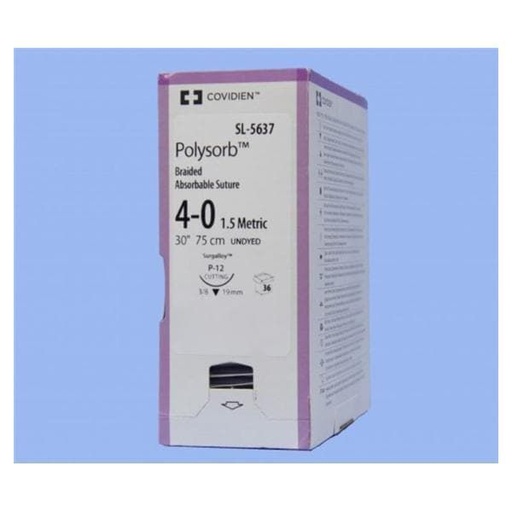 [SL5637] Medtronic Polysorb 75 cm 3/8 Circle Size 4-0 P-12 Braided Synthetic Absorbable Coated Suture, 36/Box