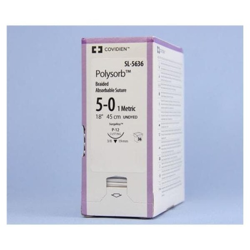 [SL5636] Medtronic Polysorb 45 cm 3/8 Circle Size 5-0 P-12 Braided Synthetic Absorbable Coated Suture, 36/Box