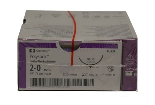 [CL833] Medtronic Polysorb 75 cm 1/2 Circle Size 2-0 GS-12 Braided Synthetic Absorbable Coated Suture, Violet, 36/Box