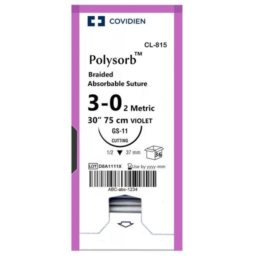 [CL815] Medtronic Polysorb 75 cm 1/2 Circle Size 3-0 GS-11 Braided Synthetic Absorbable Coated Suture, Violet, 36/Box