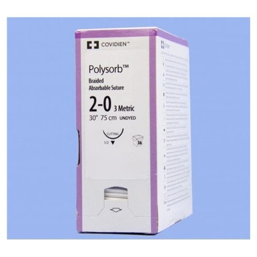 [CL543] Medtronic Polysorb 75 cm 1/2 Circle Size 2-0 GS-11 Braided Synthetic Absorbable Coated Suture, 36/Box