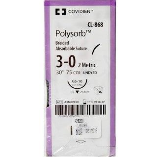 [CL868] Medtronic Polysorb 75 cm 1/2 Circle Size 3-0 GS-10 Braided Synthetic Absorbable Coated Suture, 36/Box