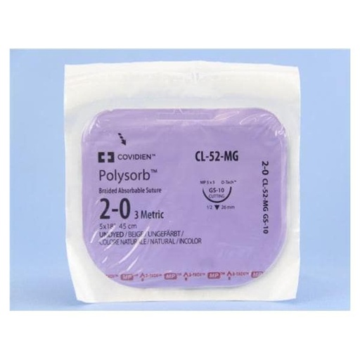 [CL52MG] Medtronic Polysorb 5 cm x 45 cm 1/2 Circle Size 2-0 GS-10 Braided Synthetic Absorbable Coated Suture, 12/Box