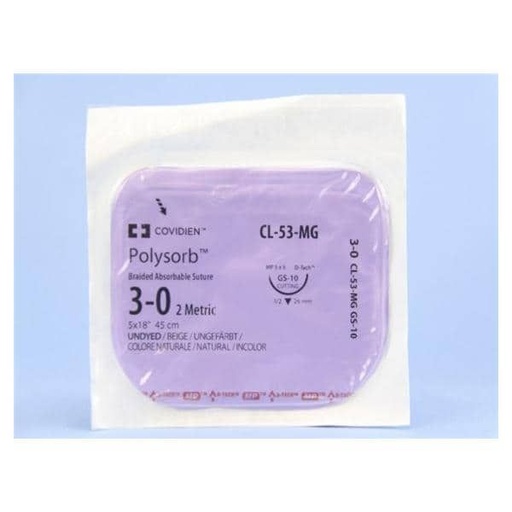 [CL53MG] Medtronic Polysorb 5 cm x 45 cm 1/2 Circle Size 3-0 GS-10 Braided Synthetic Absorbable Coated Suture, 12/Box