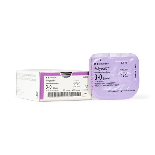 [SL85MG] Medtronic Polysorb 5 cm x 45 cm 1/2 Circle Size 3-0 C-23 Braided Synthetic Absorbable Coated Suture, 12/Box