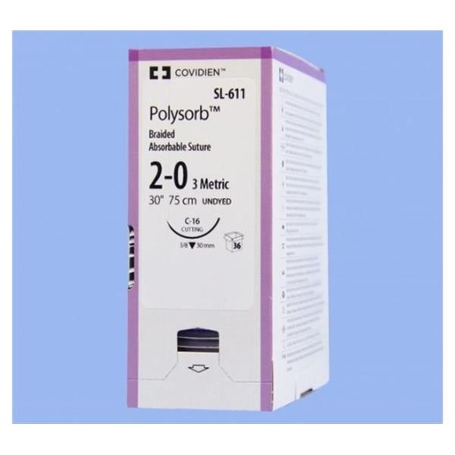 [SL611] Medtronic Polysorb 75 cm 3/8 Circle Size 2-0 C-16 Braided Synthetic Absorbable Coated Suture, 36/Box