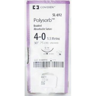 [SL692] Medtronic Polysorb 75 cm 3/8 Circle Size 4-0 C-14 Braided Synthetic Absorbable Coated Suture, 36/Box