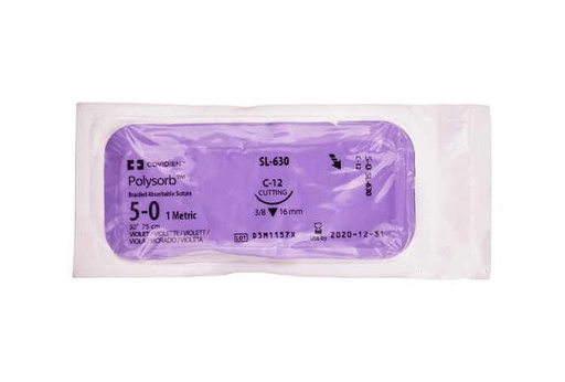 [SL630] Medtronic Polysorb 75 cm 3/8 Circle Size 5-0 C-12 Braided Synthetic Absorbable Coated Suture, Violet, 36/Box