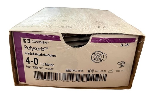 [LL221] Medtronic Polysorb 250 cm Size 4-0 Reel Braided Synthetic Absorbable Coated Suture, Violet, 24/Box