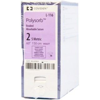 [L116] Medtronic Polysorb 150 cm Size 2 Standard Length Braided Synthetic Absorbable Coated Suture, Violet, 36/Box