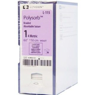 [L115] Medtronic Polysorb 150 cm Size 1 Standard Length Braided Synthetic Absorbable Coated Suture, Violet, 36/Box