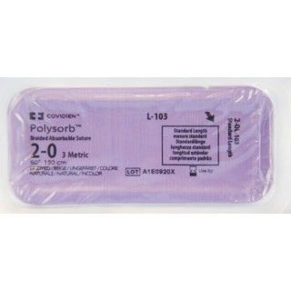 [L103] Medtronic Polysorb 150 cm Size 2-0 Standard Length Braided Synthetic Absorbable Coated Suture, 36/Box