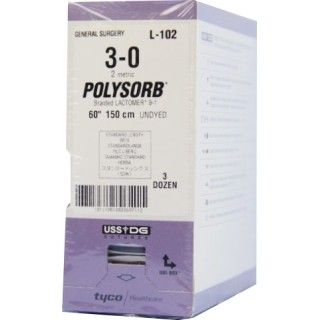 [L102] Medtronic Polysorb 150 cm Size 3-0 Standard Length Braided Synthetic Absorbable Coated Suture, 36/Box