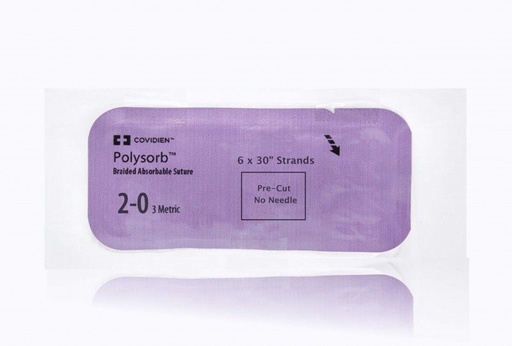 [L39] Medtronic Polysorb 6 cm x 75 cm Size 2-0 Pre-Cut Braided Synthetic Absorbable Coated Suture, Violet, 24/Box
