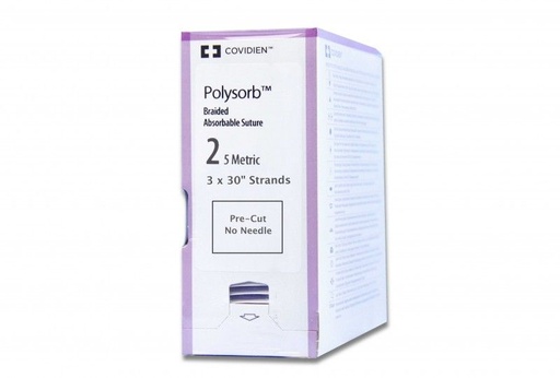 [L406] Medtronic Polysorb 3 cm x 75 cm Size 2 Pre-Cut Braided Synthetic Absorbable Coated Suture, Violet, 24/Box