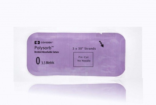 [L404] Medtronic Polysorb 3 cm x 75 cm Size 0 Pre-Cut Braided Synthetic Absorbable Coated Suture, Violet, 24/Box
