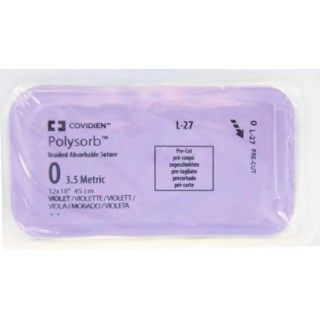 [L27] Medtronic Polysorb 12 cm x 45 cm Size 0 Pre-Cut Braided Synthetic Absorbable Coated Suture, Violet, 24/Box